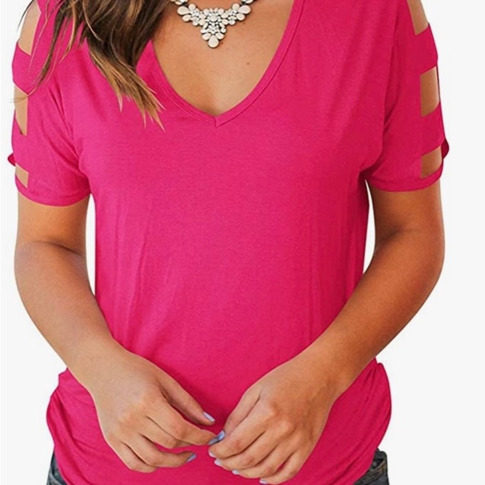 Jescakoo Women’s short sleeve cut out cold shoulder top deep V-neck  Hot Pink
